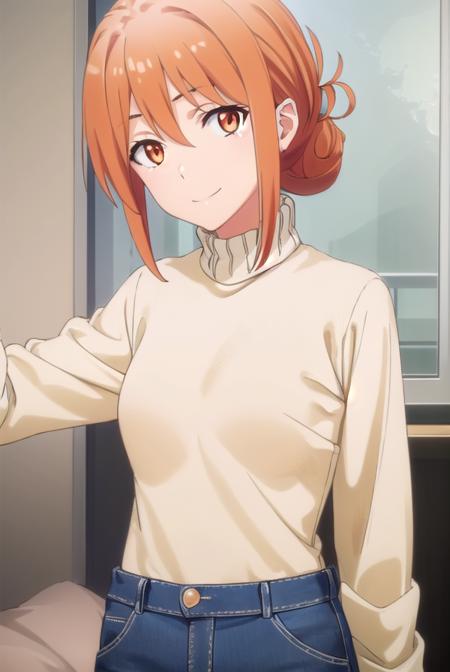 yuigahamama, <lora:mother yuigahama s2s3-lora-nochekaiser:1>,
mother yuigahama, hair bun, mature female, (orange eyes:1.5), orange hair, short hair, single hair bun, hair between eyes, sidelocks, smile,
BREAK denim, jeans, pants, sweater, turtleneck, turtleneck sweater, white sweater,
BREAK indoors, bed,
BREAK looking at viewer, (cowboy shot:1.5),
BREAK <lyco:GoodHands-beta2:1>, (masterpiece:1.2), best quality, high resolution, unity 8k wallpaper, (illustration:0.8), (beautiful detailed eyes:1.6), extremely detailed face, perfect lighting, extremely detailed CG, (perfect hands, perfect anatomy),