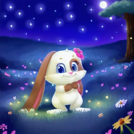 <lora:Schnuffel-2D:1>Furry, Anthro, cub, solo, small body, plump, thick, Blue eyes, fur, snuggelina, female, pink nose, cute, lop-eared, blooming meadow, stand on the grass, legs spread, night, starfall