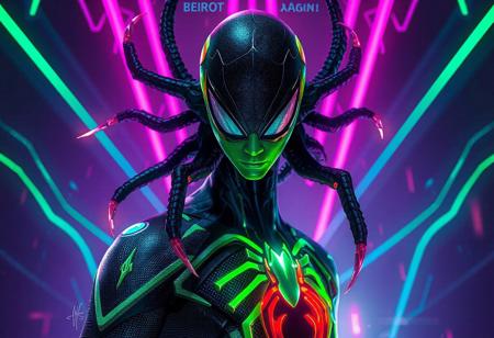 "Create a hyper-realistic, detailed spider-man-inspired character with a zero dark neon color scheme and dragon nails, set in a dark neon-colored universe. The character has green skin and a slender, symmetrical body like a saint or 'x-man.' Utilize the golden ratio, intricate textures, and soft lighting reminiscent of Greg Rutkowski's style. The character's costume is a unique, stylized take on classic superhero suits. Incorporate alien elements, possibly through a symbiotic relationship or unique alien breed. The final artwork should be highly detailed, rendered with Octane or Unreal Engine, and have a cinematic, key art feel. Consider incorporating redshift render, volumetric lighting, and high contrast for added visual impact."