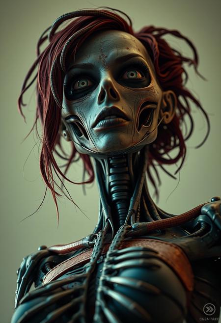 full body image of a gorgeous biomechanical zombie realistic woman, highly detailed and textured, low angle, very realistic and impressive, fantastic dramatic color, 4K, HDR, SHARP