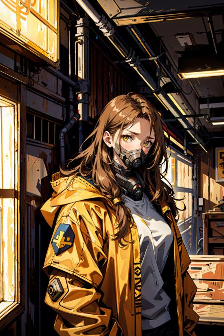 mature female, expressionless, bar, leaning against wall, interior, wooden interior, 1girl, brown hair, shoulder-length hair, yellow eyes, respirator, black jacket, glowing heart