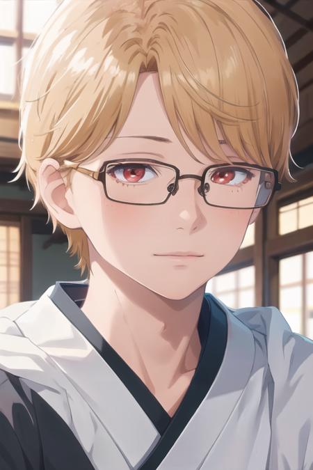 masterpiece, best quality, , 1boy, solo, male focus, looking at viewer, upper body, , <lora:eita_sasaki:0.74>, eita_sasaki, glasses, blonde hair, red eyes, , feudal japan,