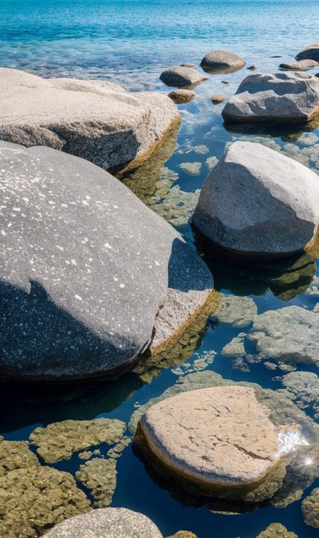 Upclose photo, of a rock sitting in water, Ansel Adams style: An up-close photo of a rock sitting in water. The water is crystal clear, with the rock visible beneath the surface. The photo is hyperdetailed, capturing every ripple in the water and the texture of the rock. Shot in 8k UHD, with ISO200, F/2.8, 1/25sec, 70mm lens, this masterpiece is incredibly detailed, with hyperrealistic features and a focus on the beauty of nature. The lighting is natural, with the sun shining down on the water, casting a warm glow on the rock. The photo is a stunning display of the simplicity and beauty of the natural world.