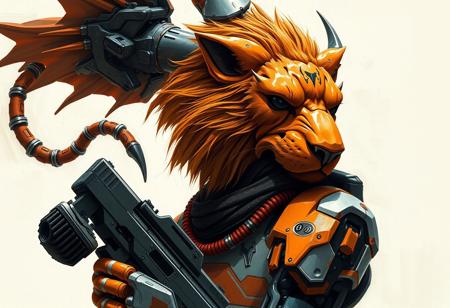 A high-definition, 8k resolution, pre-rendered, stylized painting of a cyborg Satan, inspired by Sam Black and Chaos Distillage, trending on Artstation, with an award-winning art style similar to Greg Rutkowski's dark art. The subject should be a close-up of a robot with a gun, featuring an anthropomorphic orange lion with a metal tail and blackness instead of eyes. The image should be color-corrected and free of watermarks, with a focus on threatening juxtaposition. Use a mix of dark art and science fiction elements to create a unique piece.