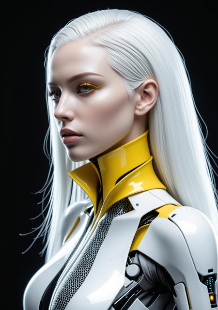 digital artwork of a futuristic, cyberpunk-styled female android with pale skin, long white hair, and large, expressive eyes. She wears a form-fitting, high-tech bodysuit with exposed, intricately designed mechanical parts, revealing ample cleavage. The background is a solid, bright yellow, contrasting with her monochromatic attire. The lighting is even, highlighting her sleek, metallic textures. The image is a close-up, side profile, emphasizing her elegant, yet robotic appearance. EZRealPONYXL metallicity<lora:lora\TCLX_Standard_2024.12.28_diff_Juggernaut.safetensors:0.30000000000000004:0.30000000000000004>
