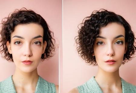 ((before/after hair makeover)), (same beautiful 22 yrs woman), 2 images, image wavy short French bob haircut, ((same woman)), dark hair, soft makeup, Pastel sleeveless dress, eye contact, vivid Soft colors, award winning photo, inspired by Martin Schoeller, Film color photo, Hasselblad 500c, Kodak Portra 400, hyperrealistic, wide-angle close-up photography, three quarter body portrait, f1.4, 6:9 120film,