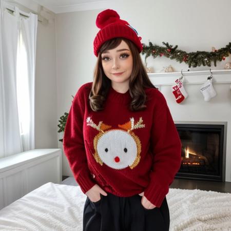 <lora:bambiskii_sd15_512_128_64_v1:1> bambiskii 1girl , wearing christmas sweater, (christmas decoration in background, lit fireplace in background)