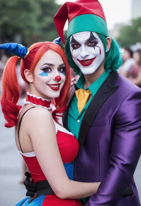 CINEMATIC SHOT, of Sheila, a hot skinny with a clown makeup and straight hair, detailed face, clown jester, people, cute court jester hat, smiling, sensually posed, ((((cosplay harley quinn)))), face paint, cute cosplay, kawaii, busty cleavage, , poor, at street, half red half white haired woman with a clown makeup and straight hair, downward selfie, (clown:1.5)smiling, cosplay, face paint, overly busty, cleavage, , smiling, cute, FULL BODY, showing ass, her back to camera, looking to viewer, hyperdetailed face, Fujifilm, hassleblad, realistic, real skin, photo grain, streaming on twitch, at room, full body pic . dynamic lighting with caustic light reflections and heavy bokeh. 