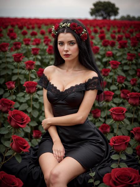a woman in a black dress sitting in a field of red roses, inspired by John Collier, red magic surrounds her, female body, roses in her hair, la catrina, by Wyke Bayliss, beautiful, marc brunet, by ESAO, nsfw,