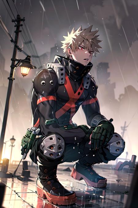 ((masterpiece,best quality, detailed)), 1boy, male focus, outdoors, ruins, squatting, night, lamppost, fog, rain,
bakugou katsuki, two-tone gloves, green belt, high collar, bodysuit, superhero, knee pads, black pants, boots, looking up