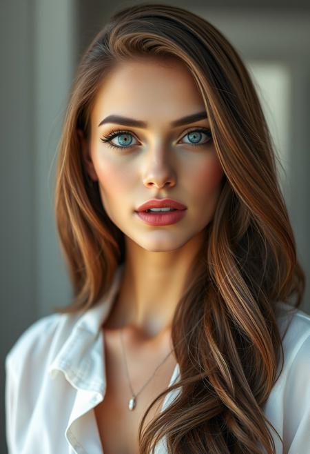 a stunning supermodel, a single girl with realistic features, she has long, wavy brown hair and striking blue eyes, detailed with mascara and delicate eyeshadow. Her face has a straight nose, thin lips, and parted lips revealing her teeth, all accentuated with lilac lipstick and a touch of blush. Her makeup is subtle and flawless, complementing her perfect skin. She wears a white blouse that highlights her collarbone