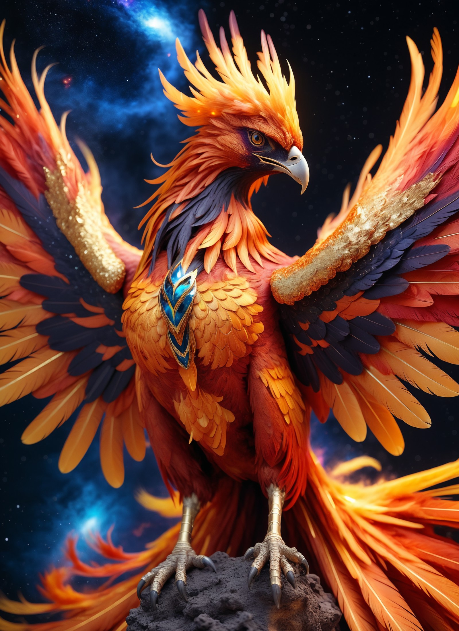 Masterpiece of hyperrealistic professional 8k raw photography, (Majestic Phoenix rising from galactic inferno:1.3), Rule o...