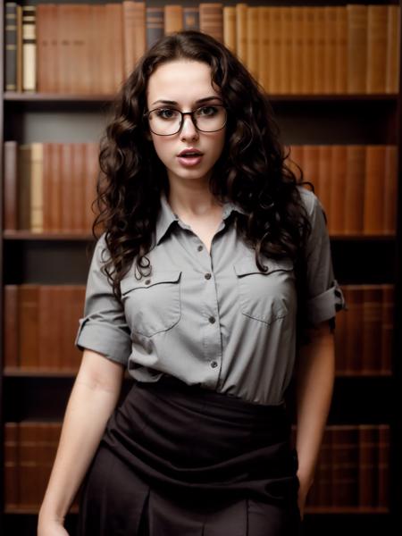 a RAW realistic, harsh lighting, professional photo of a beautiful 24yo woman, 1girl, <lora:Jasmine:.6>, curly hair, bangs, brunette, dark eyebrows, glasses, cold color scheme, mouth open, modeling pose, sultry expression, posing in front of a bookcase, shirt and skirt