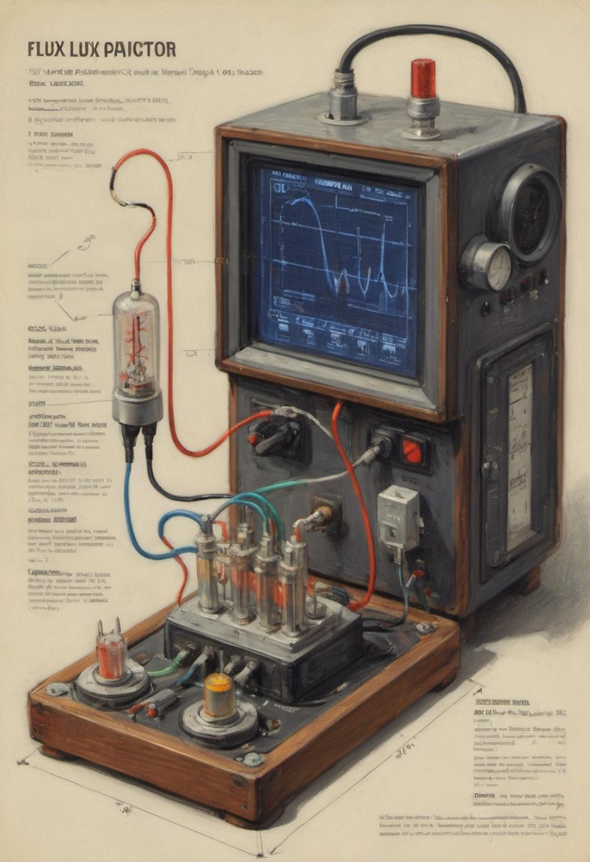A drawing of an electronic device with a television screen and a diagram of the device.