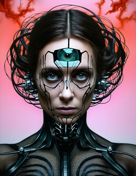 medium shot, portrait painting  , dystopian surrealism,  deathly fantastical Nightmare ,Fusion of Nature and Technology, nightmarish, facing camera,   (ohwx:1.1) woman,  dynamic background,  in a "ZdzisÅaw BeksiÅski" style painting   <lora:CassidyKlein_SDXL_v1.0:.95>
