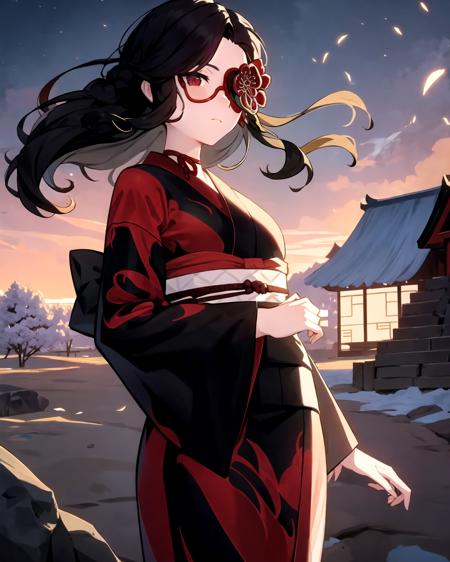 masterpiece, best quality, kimono, black hair,  eye patch, nature,  Hanyuuda_Chizuru, night, <lora:Hanyuuda_Chizuru:0.8>