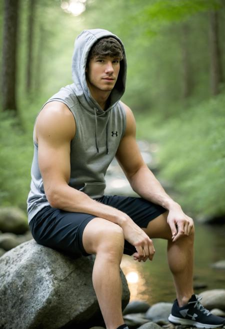 photo of dustin_zito, wearing a sleeveless well-fitted Under Armour hoodie and compression shorts in a forest wearing sneakers sitting on a boulder near a creek, 35mm photograph, film, bokeh, professional, 4k, highly detailed <lora:dustin_zito_xl-05:0.8>, creek in the background, natural lighting, golden hour
