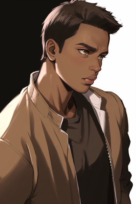 thisuserisalive,  masterpiece, best quality, 1boy, animification, brown eyes, brown hair, brown jacket, brown shirt, closed mouth, dark-skinned male, dark skin, from side, jacket, lips, male focus, serious, shirt, short hair, simple background, solo, upper body, white background,  <lora:thisuserisalive_offset:1>