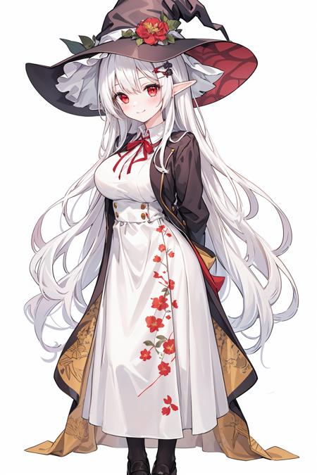 (masterpiece:1.2),(arms behind back:1.2),best quality,game cg,1girl,solo,long hair,white hair,hair ornament,dress,full body,looking at viewer,simple background,red eyes,standing,hair flower,white background,white dress,closed mouth,long sleeves,skirt,wavy hair,blush,large breasts,smile,very long hair,floral print,witch hat,elf,,flower,