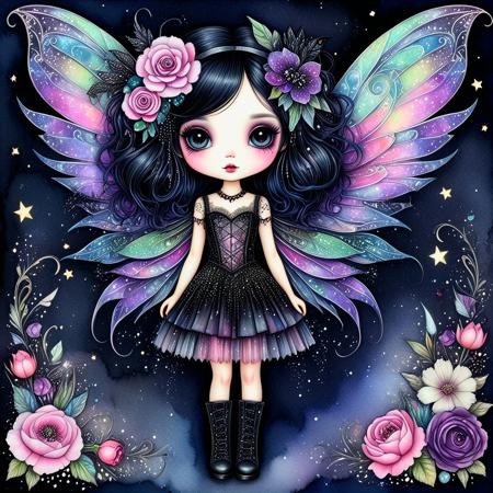 watercolor greeting card style of a 35 k ultrarealistic whimsical little gothpunk fairy with punkstyle black hair with colorful highlights, coherent delicate detailed face, wearing a beautiful blacklace midi dress, black platform boots, iridescent black colorful wings, decorated with glitter, sparkles, black roses and peonies, ribbons, pearls , embossed high raised with pearl, and intricate patterns night watercolor night background, in the style of Gorjuss, Joan Walsh Anglund, lady mishka, soft-focus and diffused lighting akin to Paolo Roversi, imbued with Tim Burton's macabre touch, Kris Kuksi-like intricate background detail, digital painting, ultra-detailed, cinematic