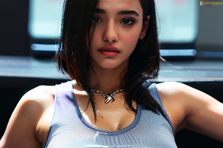 Photo of a woman, highres, hdr, (((photorealistic))), ((best quality)), ((masterpiece)), ((beautiful lighting)), ((close-up)),realistic style, looking at the viewer, (tank top), short hair, ((cyberpunk style)), (brunette), (deep neck tank top),KetikaS, ketikasharma, busty