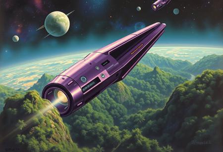 A phallic purple metallic spacecraft orbiting over a jungle planet, close up on the spaceship, in the style of an oil painting, scifi, cosmic, astral