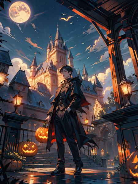 Halloween,pumpkins,ghosts,ghosts,1 boy,witches, castle, moon,<lora:pkN2:0.5>,