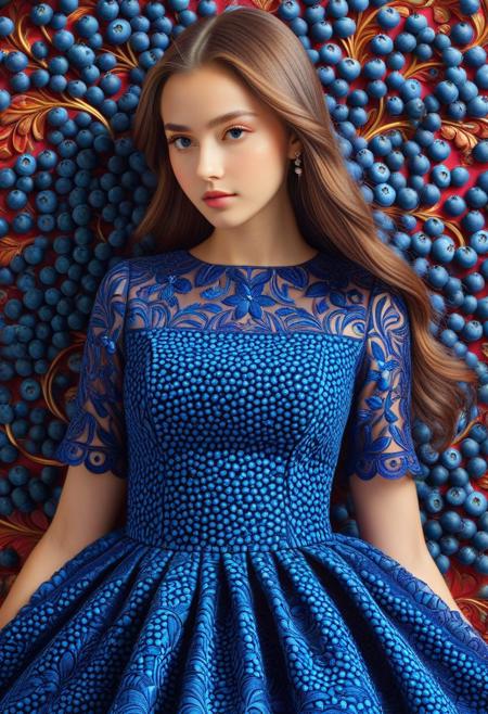 blueberrym0rph, blueberry dress, intricate details, ultra sharp, exquisite detail, flawless composition, vivid colors, masterpiece, Super model, portrait, stoic, expressionless, beautiful, photorealistic, UHD, 8K, masterpiece, detailed, ultra_high_resolution, lots of detail, YurYuna, brown hair, modest, sfw, gorgeous, looks beautiful and aesthetic, colorful background, key visual, luxurious, artistic, high resolution, digital art, visual aesthetics, contemporary design, vibrant colors, artistic composition,  elegant, intricate detailing, modern,
