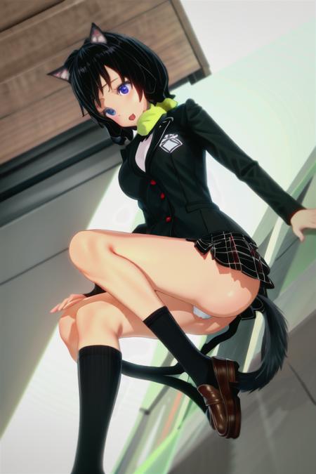 (bloom lighting), (smooth lighting), (smooth coloring), (smooth shading),(bestquality),(masterpiece), game cg, 4k, (5 fingers:1.5), (extreme detail:1.2), 1girl, solo, (morgana), cat ears, (cat tail:1.2), skirt, socks, kneehighs, pleated skirt, school uniform, jacket , pleated skirt, blazer, (yellow scarf:1.2), (kneehighs), (loafers:1.2), (shuujin academy uniform), <lora:girl_morgana_v1:0.8> ,<lora:flat2:-0.5>