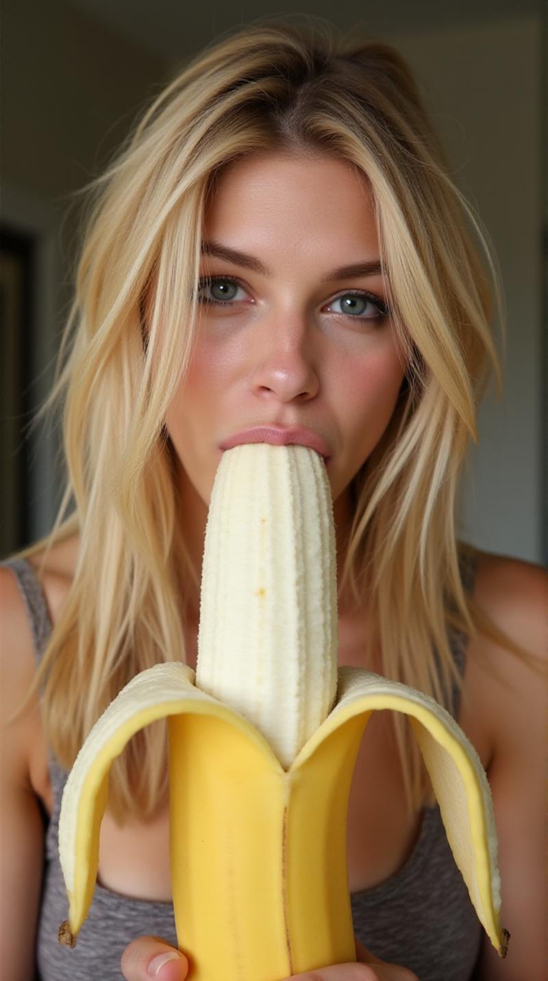 photo of a 20yo woman with blond hair (sucking peeled big banana), like an ape, mouth stuffed,  grab, <lora:blow_flux_v1-000015:1>