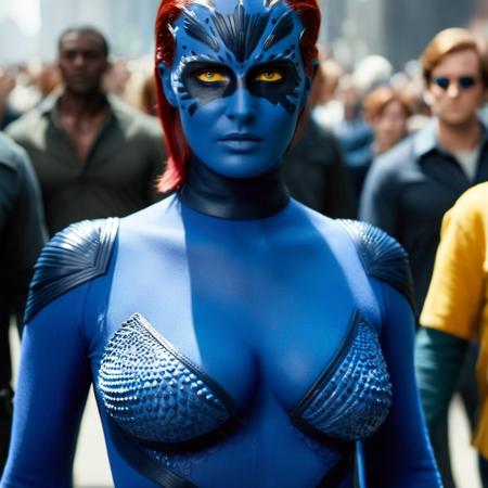 cinematic film still of  <lora:Mystique X-Men:1>
Mystique X-Men a red hair woman with yelloweyes and blue_body walking in crowds in day light, shallow depth of field, vignette, highly detailed, high budget, bokeh, cinemascope, moody, epic, gorgeous, film grain, grainy