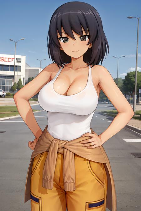 masterpiece, best quality, 1girl, solo, girls und panzer, hoshino, large breasts, white tank top, jumpsuit, clothes around waist,hands on hips, cowboy shot, outdoors, parking lot, blue sky <lora:Hoshino:0.6>