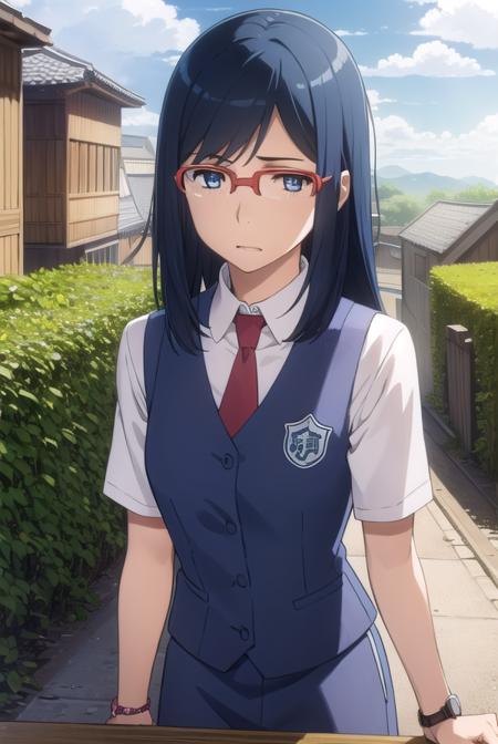 chirikotsurumi, <lora:chiriko tsurumi s1-lora-nochekaiser:1>,
chiriko tsurumi, long hair, blue eyes, blue hair, glasses, red-framed eyewear,
BREAK school uniform, necktie, watch, wristwatch,
BREAK outdoors, house, fields, grass, sky, sun, clouds,
BREAK looking at viewer, (cowboy shot:1.5),
BREAK <lyco:GoodHands-beta2:1>, (masterpiece:1.2), best quality, high resolution, unity 8k wallpaper, (illustration:0.8), (beautiful detailed eyes:1.6), extremely detailed face, perfect lighting, extremely detailed CG, (perfect hands, perfect anatomy),