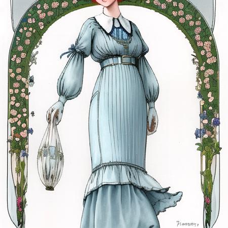 <lora:fashion:1> fashion plate, edwardian, 1914, 1910s, 1girl, solo, walking, pathway, looking down, tunic dress, light cotton, sky blue details, makeup, redhead, white background, art nouveau, holding belt, flowers, beautiful face