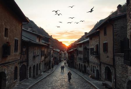 professional photo, photo of an old European mountain village with medieval cobblestone streets, a few people dot the streets but are too far to make out any details, birds fly overhead, no cars on the streets, the sun has just dropped below the horizon and it is getting dark