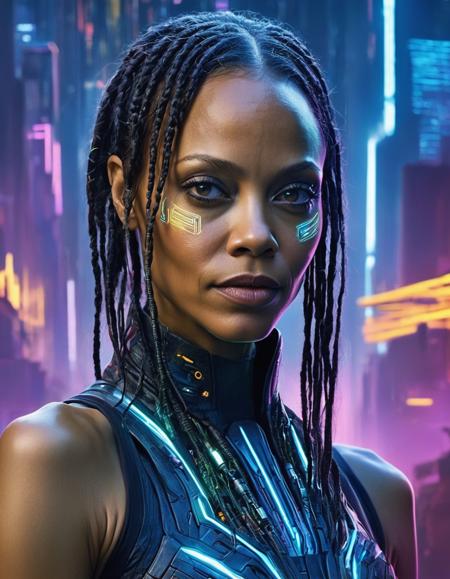 Zoe Saldana's Cyberpunk Transformation: Zoe Saldana undergoes a cyberpunk transformation in this striking portrait. Her face is adorned with an array of intricate implants,  merging seamlessly with her features. The cyberpunk cityscape behind her pulses with neon lights,  creating an immersive atmosphere. Zoe's expression exudes a sense of resilience and intrigue,  capturing the essence of her role in this futuristic world