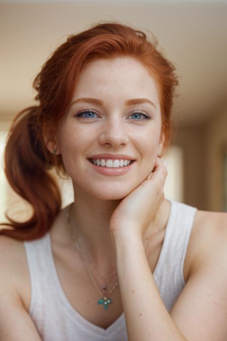 beautiful young and petite Irish woman, age 18, cute smile, standing, redhead, blue eyes, living room, messy ponytail,
 <lora:breastsizeslideroffset:-0.3> <lora:ReaLora:0.5> <lora:detail_slider_v4:2> <lora:epiC35mm:0.7> epiC35mm, high resolution, 4k, hdr, professional photography, 35mm, Canon 5D, highly detailed,
white v-neck top, necklace,