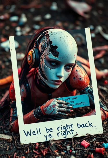 biomechanical style Photo of a broken ruined cyborg girl in a landfill, robot, body is broken with scares and holes,half the face is android,laying on the ground, creating a hyperpunk scene with desaturated dark red and blue details, colorful polaroid with vibrant colors, (vacations, high resolution:1.3), (small, selective focus, european film:1.2), with sign "We'll be right back", dappled light, <lora:BioPunky:0.8> , blend of organic and mechanical elements, futuristic, cybernetic, detailed, intricate, Cinematic portrait photography, capture subject in a way that resembles a still frame from a movie, cinematic lighting, story, narrative quality, drawing viewers into the scene and evoking a sense of cinematic immersion, capturing emotion, professional, engaging, compelling composition