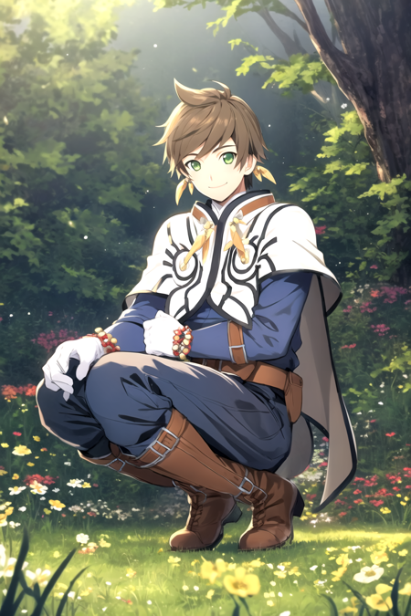 masterpiece, best quality, 1boy,  sorey,  solo, brown hair,  green eyes,  boots, cape, full body, white gloves, jewelry, earrings, male focus, smile, meadow background  <lora:Sorey:1>