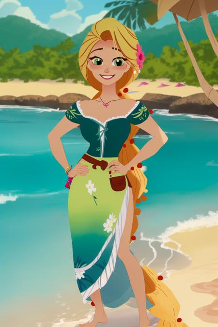 (masterpiece, best quality, high resolution:1.4), rapunzel, green eyes, (long braid:1.3), looking at viewer, green island outfit, barefoot,  smile, outdoors, <lora:Rapunzel_v22:1> beach,