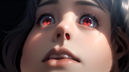 anime, chrome, close up,deep shadow, red eyes,reflection