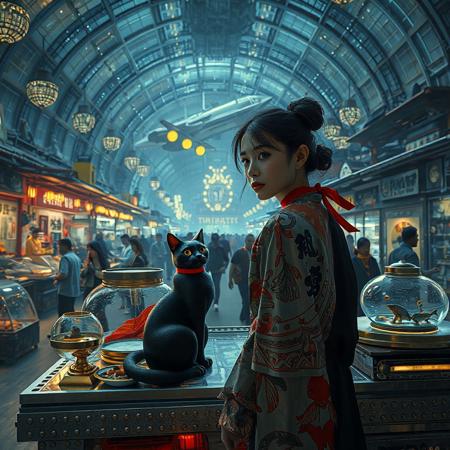 Setting is a futuristic shopping market at night in a huge under water domed building with fish and huge sea creatures visible through the transparent dome, the market is comprised of street vendors selling robot parts, food, weapons, and robots.  (((((CLASSICALLY STYLIZED LIGHTING AND ARCHITECTURE FROM CHINA INDIA JAPAN FRANCE EGYPT ROME AND GREECE))))), A gold fish bowl is on the table with a cat-fish) People wearing futuristic cyberpunk clothing are walking through the street market shopping and eating, A sleek black cat with red collar sits on a cluttered metal riveted desk with transparent top and micro-LED lighted computer components visible inside, On the desk is an ebony and gold maneki neko statue and futuristic art deco lighting, (((a beautiful woman, 24 years old, is standing in the foreground FACING THE VIEWER, she has an expression of interested curiosity)))))), the sleek black cat with red collar is sitting on the desk and watching the people walking by in the busy street market, the woman is dressed in futuristic cyberpunk ECLECTIC style yukata with a low neck line alluring aesthetic. An enormous art deco inspired starship with futuristic lighting and an enormous space station are visible in the background among the stars, The woman's hair is elegantly tied up with a ribbon. Artistic cyberpunk, dynamic perspective, (((overall architectural aesthetic is Art Deco Cyberpunk))).  Epic image that elicits a feeling of wonder and awe,