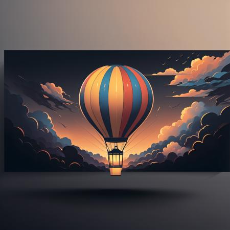 (masterpiece, best quality:1.15), (horizontal banner, no humans:1.1), a colorful hot air balloon, woven basket, gas burner, sky, simple background, gradient background