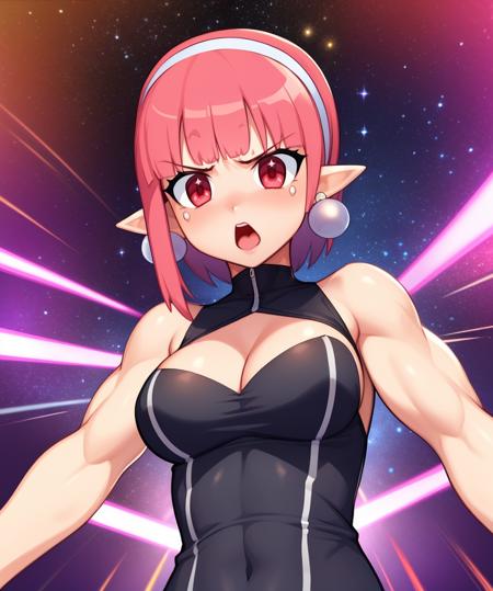 Witch.short pink hair,pointy ears,red eyes,angry,
standing,upper body,sleeveless,biceps,muscular,skin tight,cleavage cutout,
black dress,white hairband,earrings,
outer space,fun park,stars,
(insanely detailed, beautiful detailed face, masterpiece, best quality),<lora:Witch-11Dv9:0.8>,