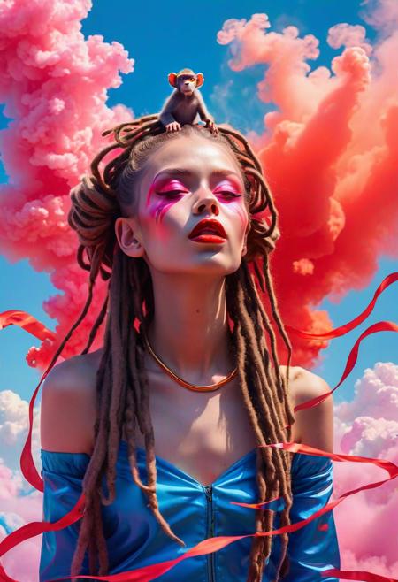 (anthropomorphic monkeys, band, 3 monkeys, long dreadlocks, gangsta rapper:1.5),  atom bomb explosion by van gogh colourful, pink, blue, black, red, trippy psychedelic style Ombre _james jean, floating female figure made of ribbons, smoke, in the sky, colorful and vibrant, mystical colors, contemporary impressionism, yanjun cheng portrait painting, iridescent painting,james jean, floating deer figure made of butterfly, smoke, in the sky, colorful and vibrant, mystical colors, contemporary impressionism, yanjun cheng portrait painting, iridescent painting, 3/4 perspective view, cute face, low angle, sweeping circling composition, large beautiful crystal eyes, big irises, UHD, HDR, 8K, (Masterpiece:1. 5), A captivating minimalistic and surreal illustration of a detailed lipstick with red dust under and above it. The lipstick is rendered in a vivid, single color, emphasizing its futuristic and innovative aspects. The red dust appears to be suspended in the air, creating a sense of wonder and magic. The overall ambiance of the illustration is clean, modern, and abstract, with a touch of surrealism.,