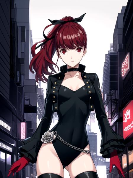 masterpiece, best quality, 1girl, solo, dsviolet, red hair, long hair, ponytail, red eyes, black ribbon, hair ribbon, black leotard, jacket, red gloves, thighhighs, choker, frilled sleeves, (silver rose, chain:1.1), standing, futuristic city, neon lights, night, detailed background, cowboy shot
<lyco:dskasumi-v2_lc_768:1> <lyco:p5-anime_style_lc:0.6>