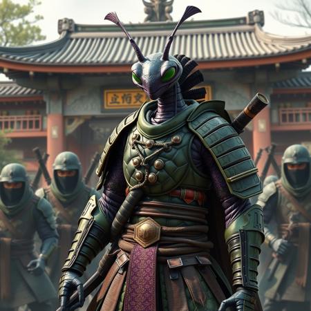 A purple mantis human hybrid samurai in green armor surrounded by ninjas outside a temple