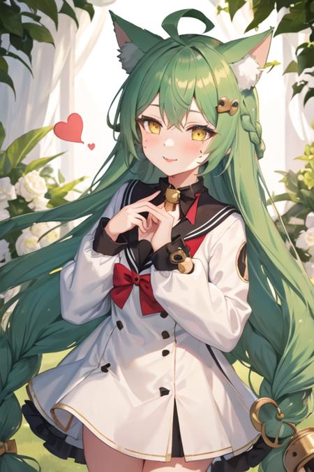 best quality, masterpiece, highres, solo, {akashi_azurlane:1.15}, animal_ears, cat_ears, green_hair, long_hair, ahoge, hair_between_eyes, yellow_eyes, blush, bell, bow, hair_ornament, bangs, very_long_hair, :3, mole, smile, mole_under_eye, 1girl, long_sleeves, looking_at_viewer, sleeves_past_wrists, white_dress, dress, parted_lips, sailor_dress, braid, heart, sleeves_past_fingers