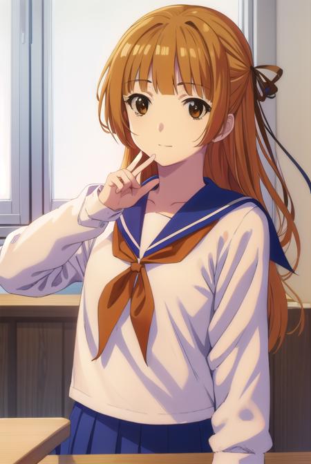 akemisumizome, <lora:akemi sumizome s1-lora-nochekaiser:1>,
akemi sumizome, long hair, orange hair, (brown eyes:1.7), ribbon, hair ribbon, bangs, blunt bangs, hime cut, smile,
BREAK skirt, school uniform, serafuku, blue sailor collar, shirt, white shirt, long sleeves, blue skirt, neckerchief, red neckerchief,
BREAK indoors, classroom,
BREAK looking at viewer, (cowboy shot:1.5),
BREAK <lyco:GoodHands-beta2:1>, (masterpiece:1.2), best quality, high resolution, unity 8k wallpaper, (illustration:0.8), (beautiful detailed eyes:1.6), extremely detailed face, perfect lighting, extremely detailed CG, (perfect hands, perfect anatomy),