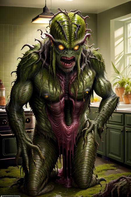 ( swampstyle monster:1.1) man in a kitchen , (horror:1.2), nightimare fuel  ,( full body shot:1.0) , (8k uhd) RAW proffesional photograph,  (photorealistic:1.4), high resolution, detailed, raw photo,  sharp details,  rich colors, hyper realistic, lifelike texture, dramatic lighting, trending on artstation <lora:swampstyle:0.7>